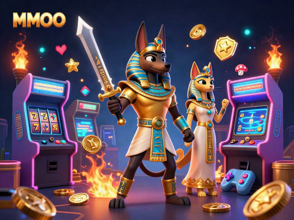 Experience the excitement of MMOO with Anubis and Bastet amid vibrant arcade game visuals and jackpot elements.