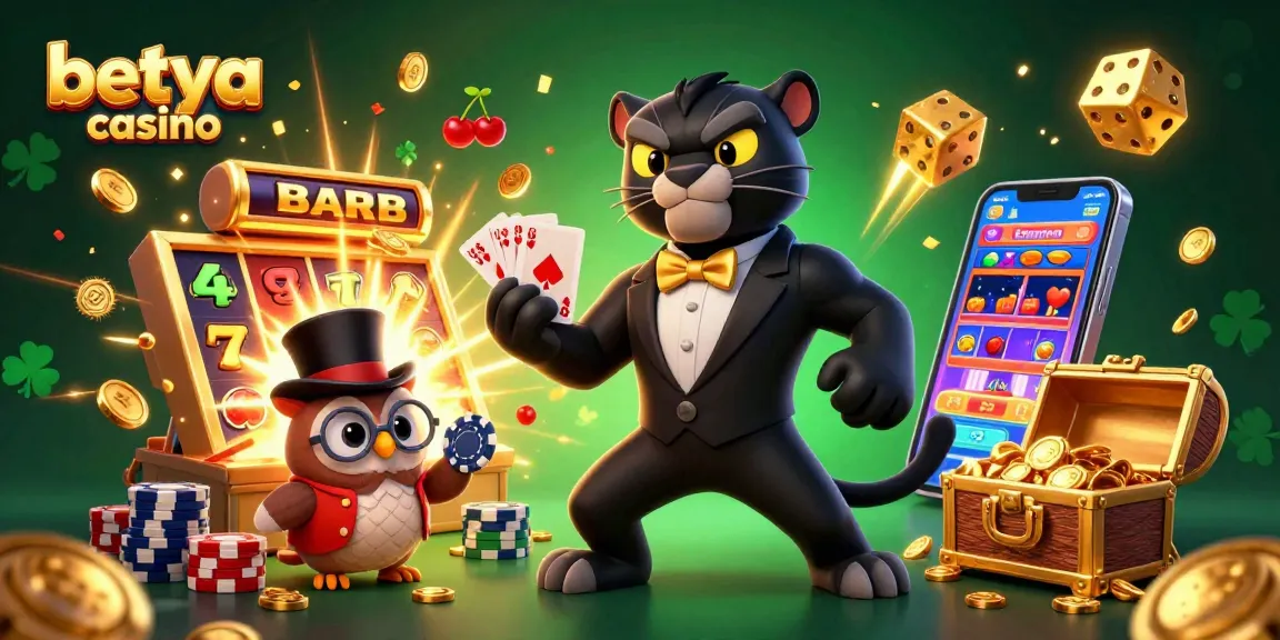 Betya casino showcases a stylish panther dealing cards amidst a jackpot explosion of coins.