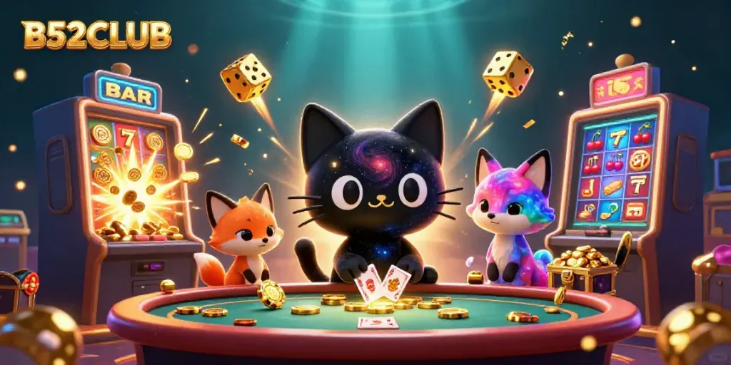 Experience the excitement of B52CLUB with a 3D black hole cat attracting casino chips and cards.