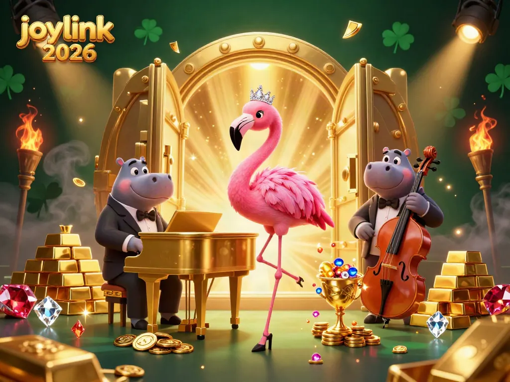 Experience the excitement of joylink 2026 with a vibrant casino scene featuring animated characters and treasures.