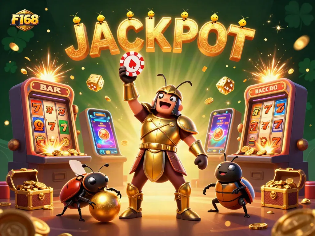 Spin and win big with the F168 casino-themed illustration featuring a winning beetle and jackpots!
