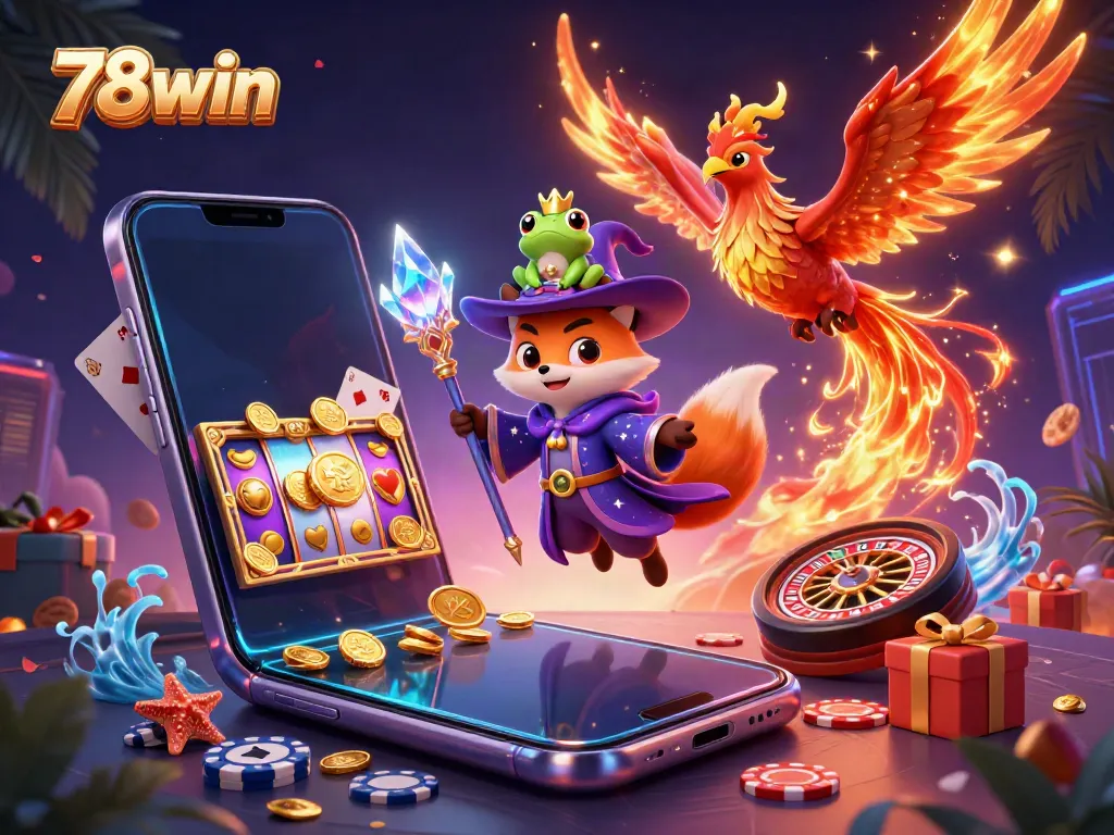 Experience thrilling wins with 78win in a vibrant casino scene featuring magical characters.