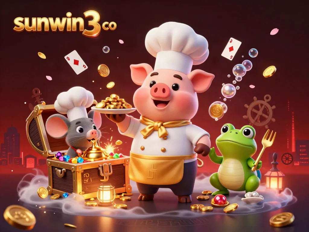 Engage in thrilling online gaming at sunwin3 co as a chef pig serves golden coins while vibrant casino elements surround.