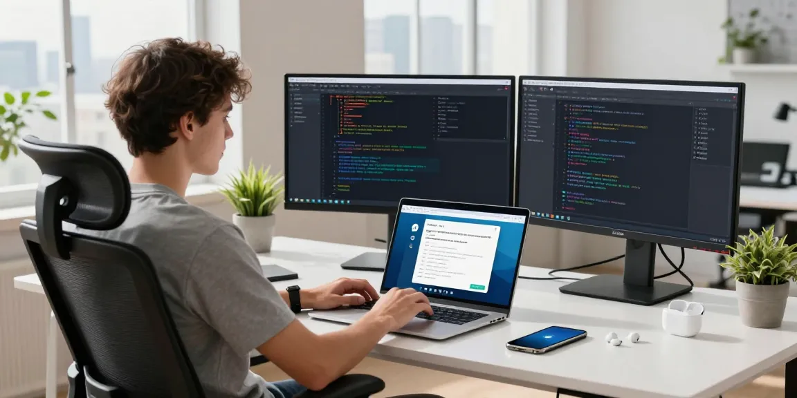 Young professional using Telegram Web on a laptop in a modern workspace
