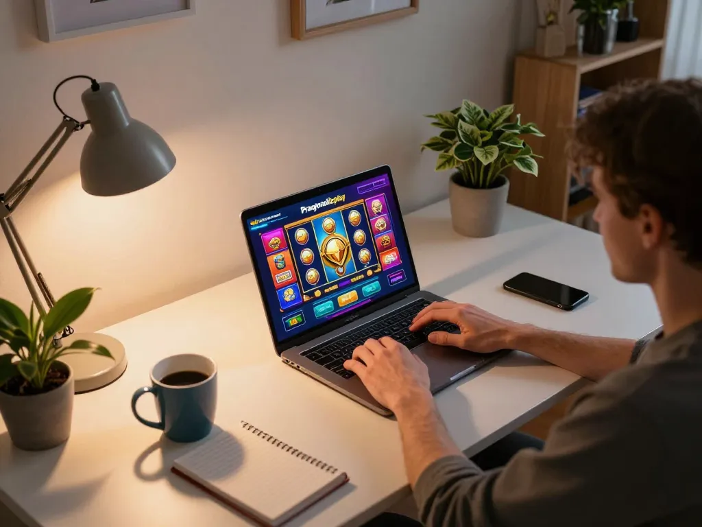 Engaging in Pragmaticplay online slots with a laptop at a stylish home desk setup.