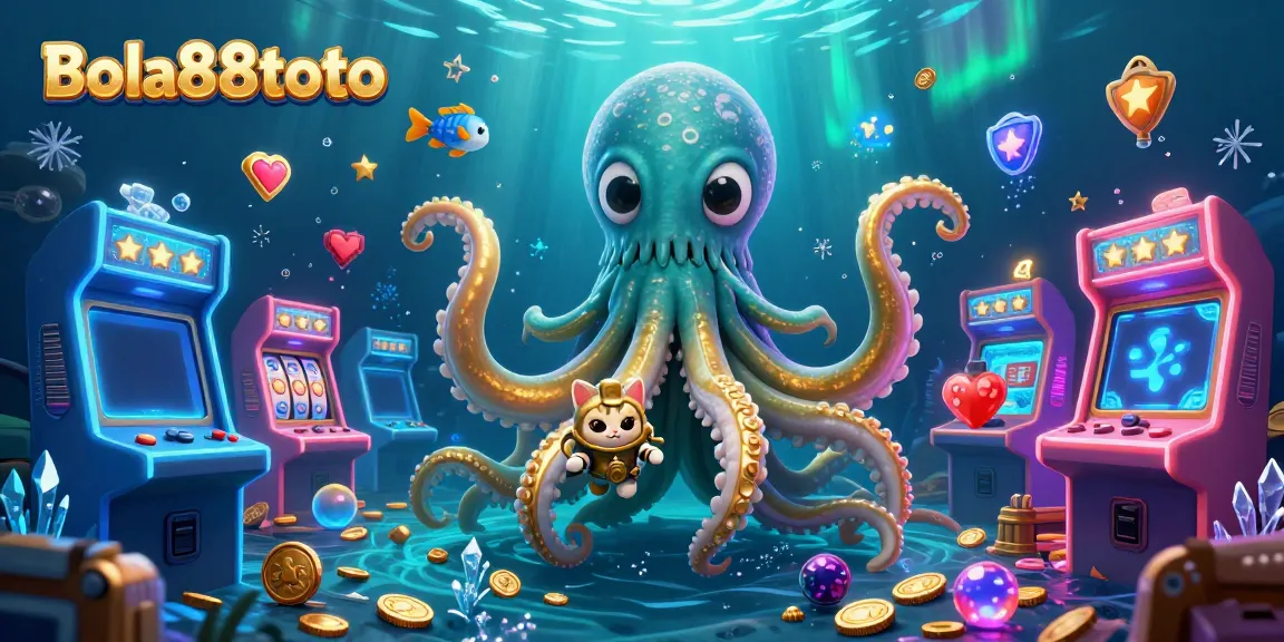 Engage with the exciting realm of Bola88toto featuring a kraken, diving cat, and deep-sea fish in a dynamic casino scene.