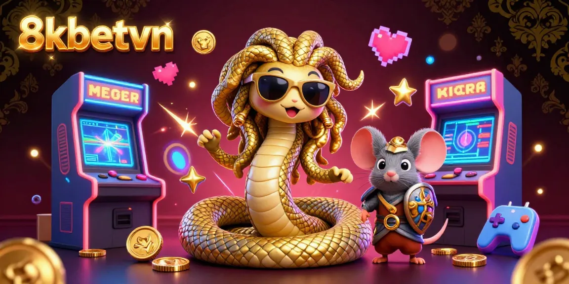 Experience the thrilling moment with 8kbetvn as Medusa and a warrior mouse play colorful casino games.
