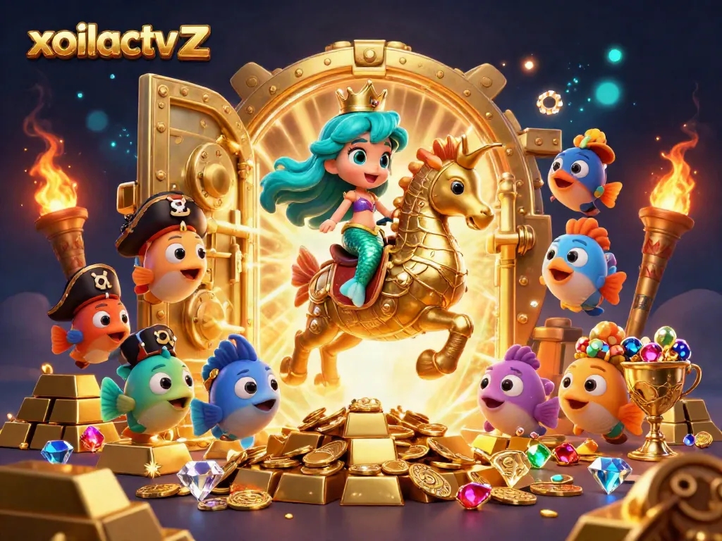 Experience excitement with xoilactv z as a mermaid rides a majestic seahorse among treasures in this vibrant gaming scene.
