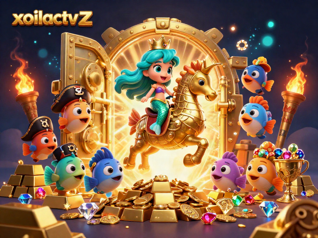 Experience excitement with xoilactv z as a mermaid rides a majestic seahorse among treasures in this vibrant gaming scene.