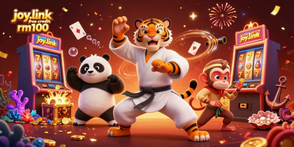 Spin and win with joy.link free credit rm100 in this vibrant casino-themed action scene.