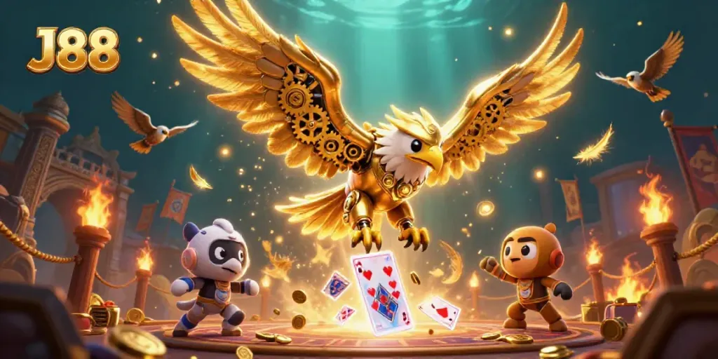 Experience thrilling moments at J88 casino with a cybernetic eagle diving through vibrant playing cards.