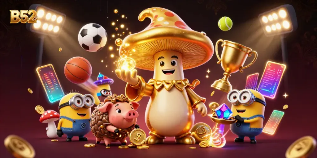 Engage in immersive gaming with B52CLUB's enticing magical illustration featuring treasures and sports elements.