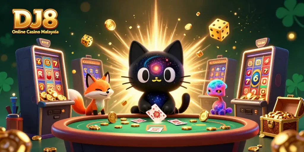 Experience the magic of DJ8 Online Casino Malaysia with a cosmic illustration full of casino charm.