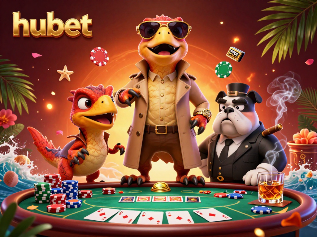 Bet on hubet at a vibrant casino scene with 3D cartoon raptors and poker elements.