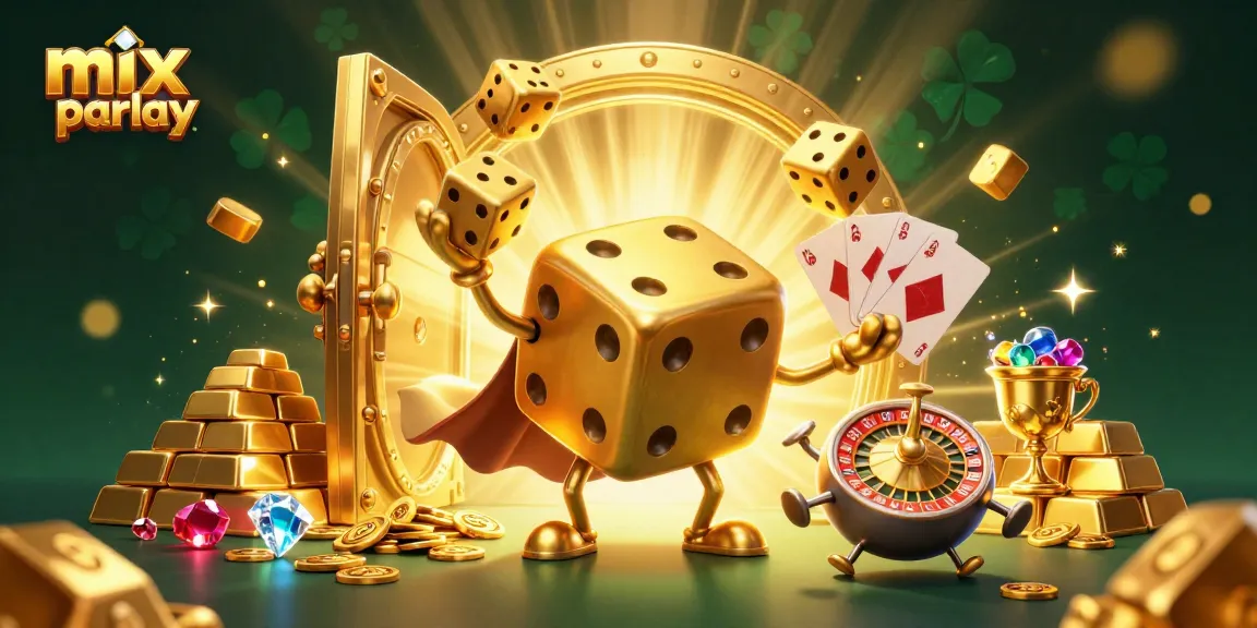 Menang taruhan mix parlay dengan ilustrasi 3D yang menampilkan dadu emas dan elemen kasino lainnya.
