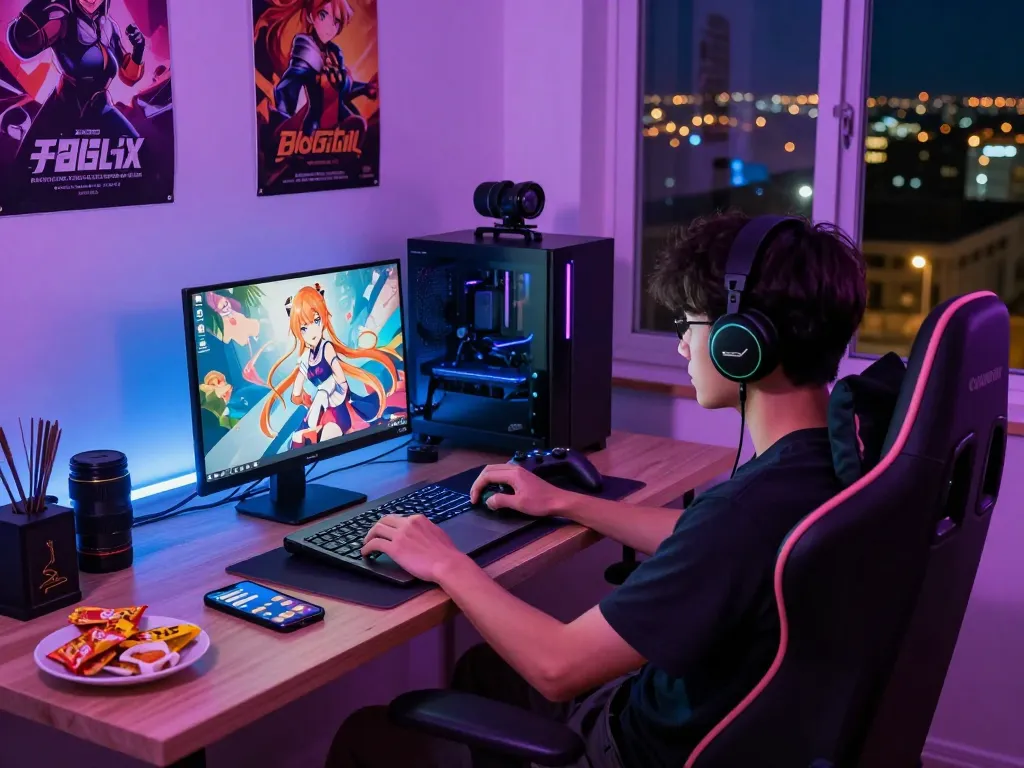 Engaged player joyfully plays porn games on laptop surrounded by cozy gaming elements.