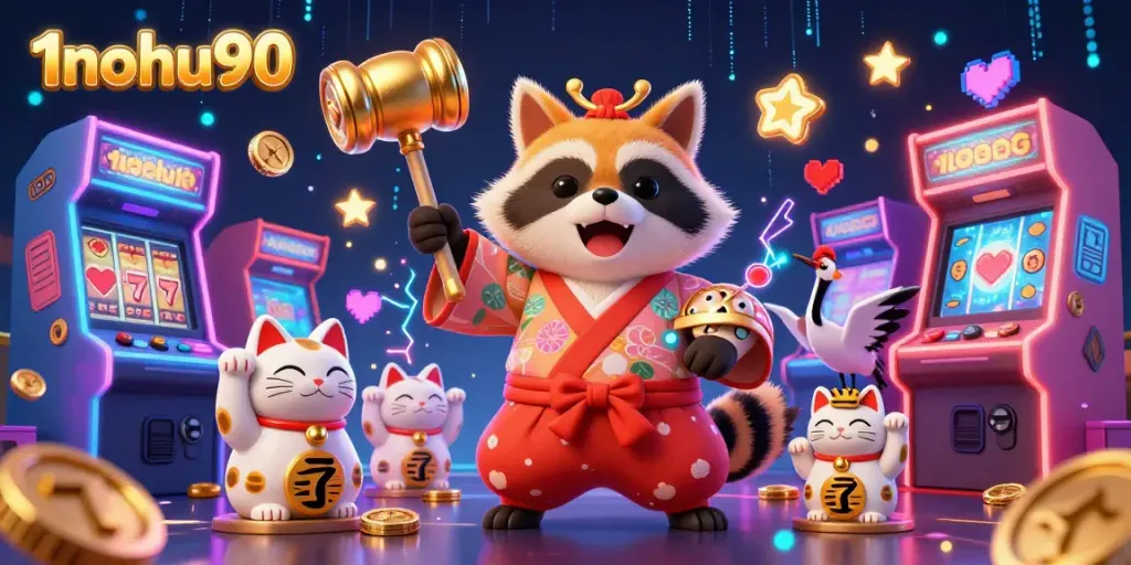 Experience the excitement of 1nohu90 with animated slot reels and fortune cats in a vibrant scene.