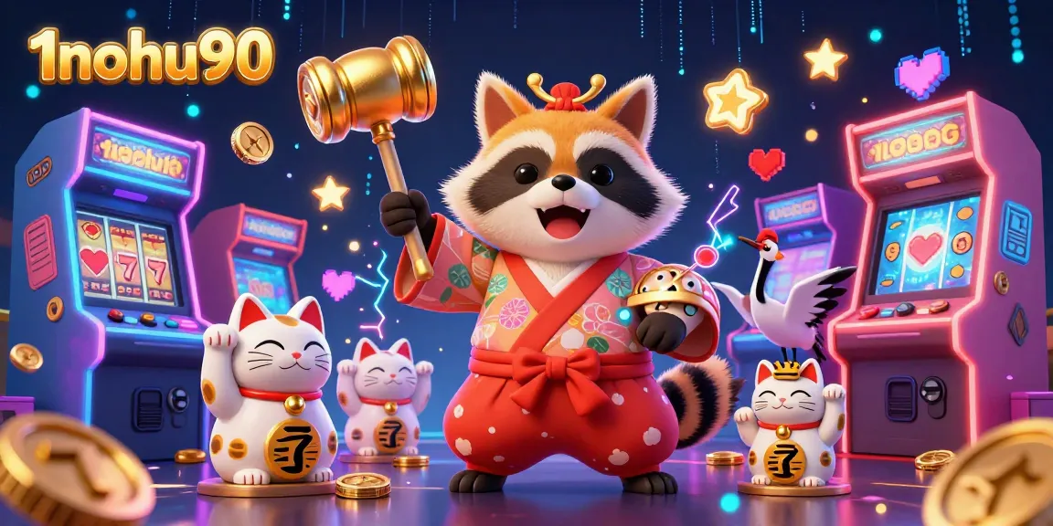 Experience the excitement of 1nohu90 with animated slot reels and fortune cats in a vibrant scene.