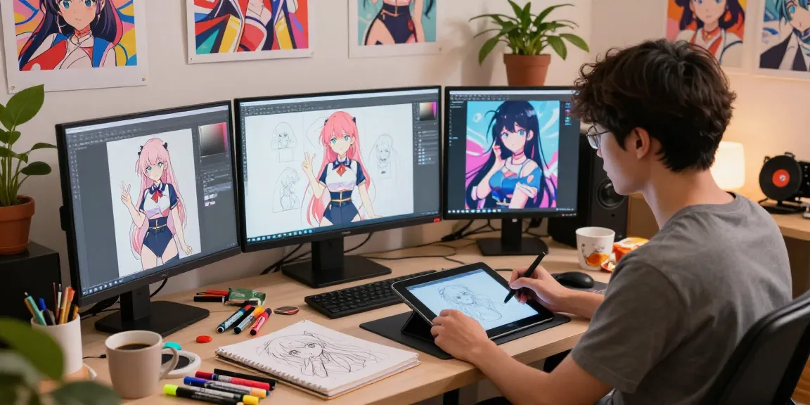 AI ecchi artist creating vibrant character designs in a cozy studio