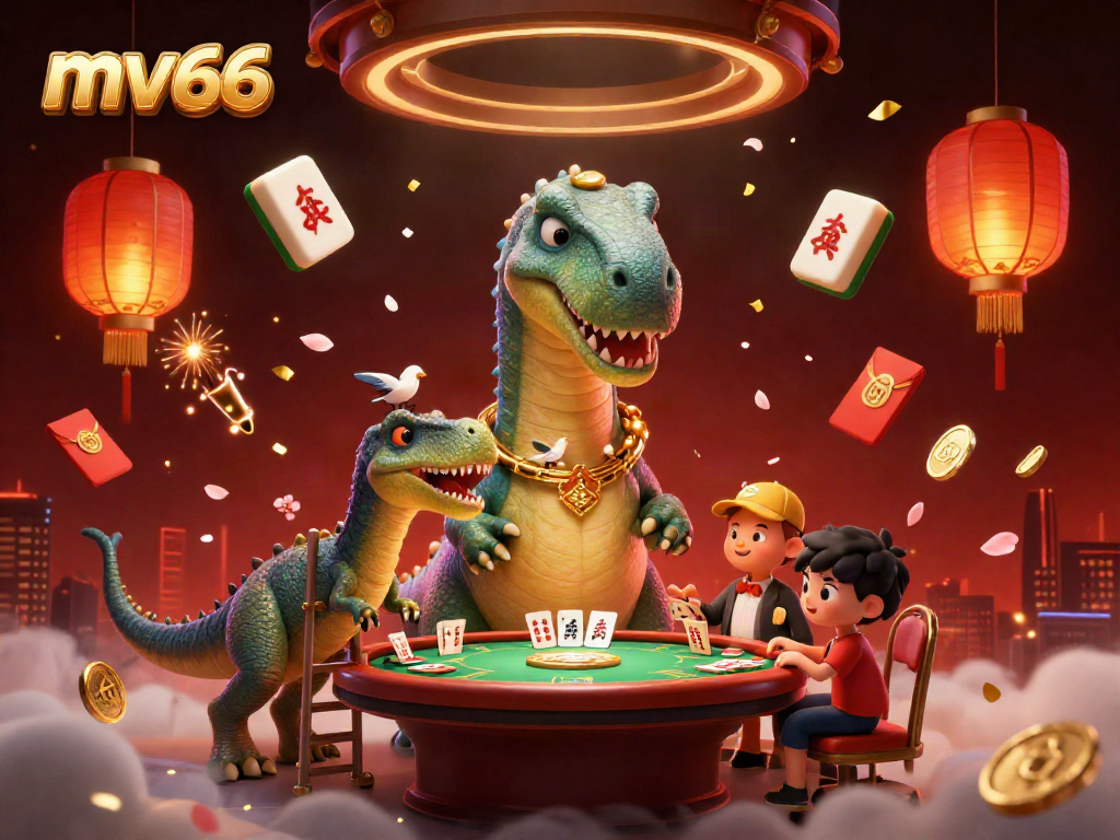Place bets at mv66 and enjoy an exciting casino experience with a playful dinosaur and dynamic elements.