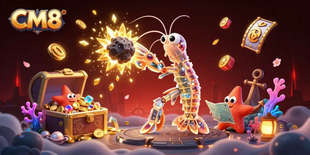Experience the thrill of CM8 with a vivid illustration featuring a galactic mantis shrimp and dynamic casino elements.