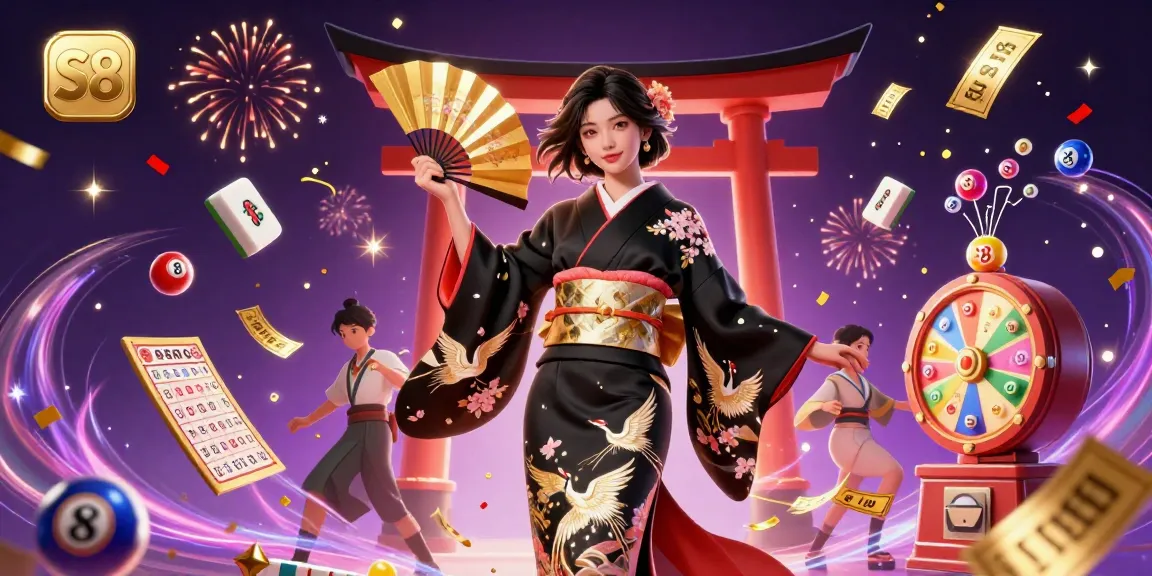 S8 showcases an elegant Asian woman in a stunning casino setting, surrounded by vibrant lottery elements, embodying the excitement of betting.