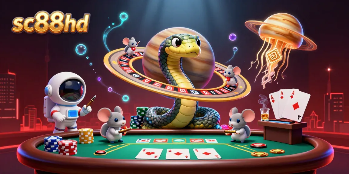 Engage in thrilling bets at sc88hd with a cosmic-themed illustration of betting astronauts and vibrant casino elements.