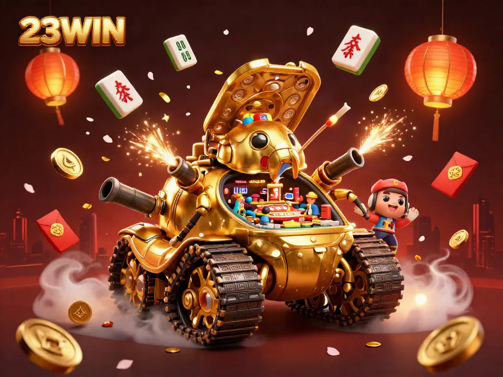 Experience the thrilling world of 23WIN with a vibrant 3D illustration capturing a massive golden beetle tank revealing a miniature casino.