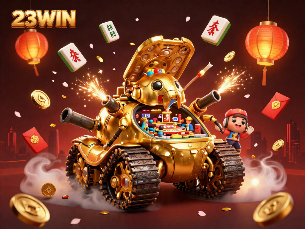 Experience the thrilling world of 23WIN with a vibrant 3D illustration capturing a massive golden beetle tank revealing a miniature casino.