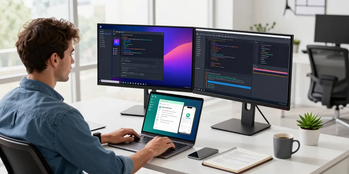 Dynamic workspace featuring WhatsApp網頁版 app in use, modern coding setup with vibrant monitors and natural light.