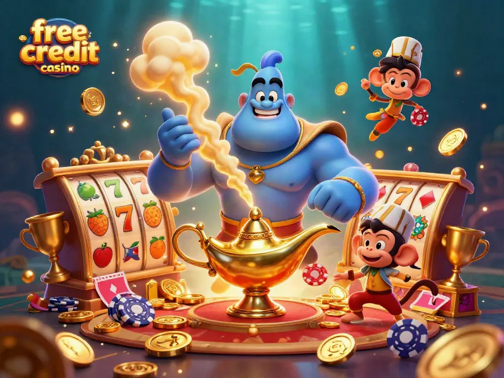 Experience the excitement of free credit casino with a vibrant 3D illustration depicting a genie, monkey, and magic carpet.