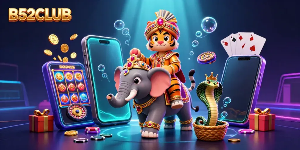 B52CLUB invitation to play with a vibrant 3D scene featuring a maharaja tiger, elephant, and slot elements.