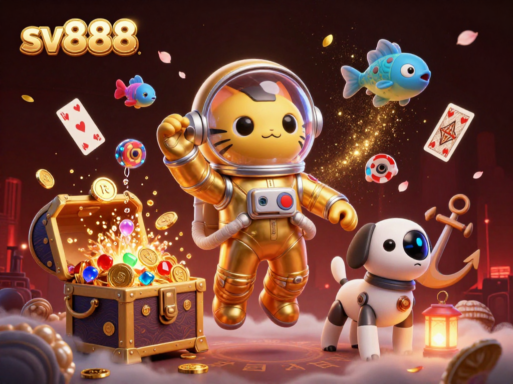 Experience thrilling sv888 gaming with a space astronaut cat and dynamic casino elements.