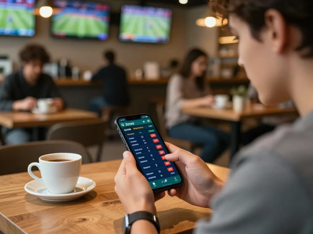 Engaged user placing bets on 88bet com in a cozy cafe during live sports event.