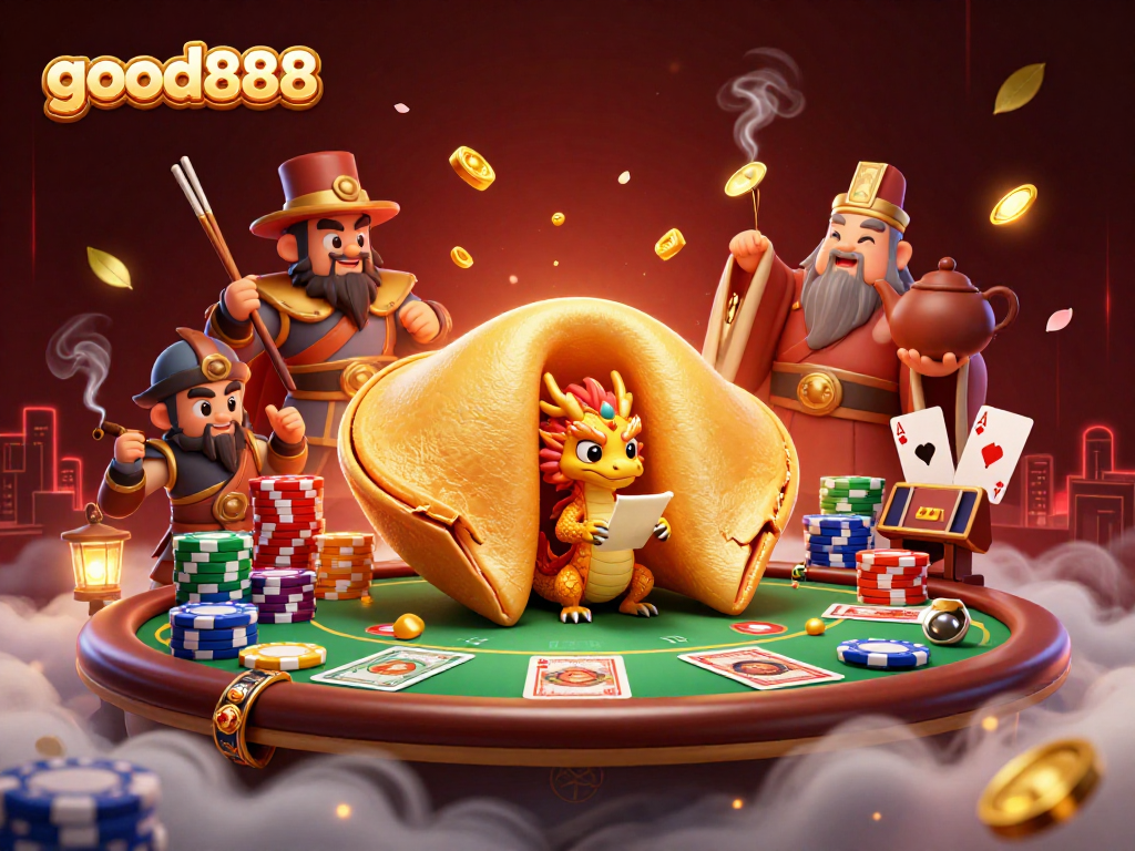 Experience good888's vibrant casino atmosphere featuring a golden fortune cookie and engaging gambling elements.