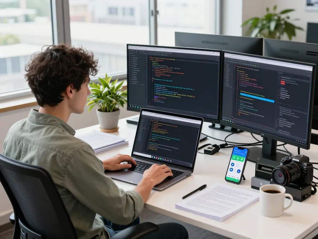 Developer working on Clawdbot AI project in a modern office setting with coding screens and tech resources.