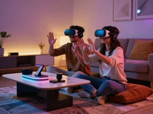 Couple experiencing ai sex in a modern virtual reality setup, showcasing technological intimacy.