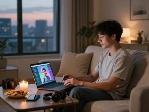 Engaging scene of a young man enjoying 18+ ai character chat in a cozy living room setting.