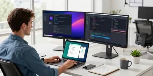 Dynamic workspace featuring WhatsApp網頁版 app in use, modern coding setup with vibrant monitors and natural light.