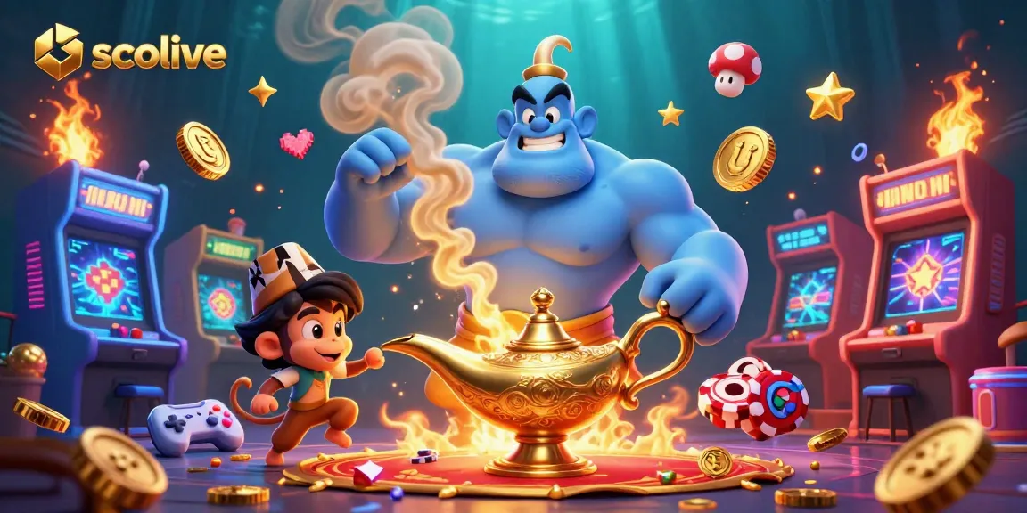 Socolive showcases an energetic scene with a blue genie, monkey, and magic carpet surrounded by casino gaming elements.