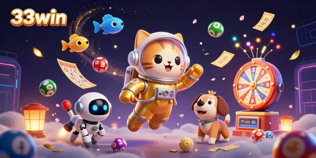 Experience thrilling gaming action with 33win as colorful balls and golden tickets whirl in a vibrant casino scene