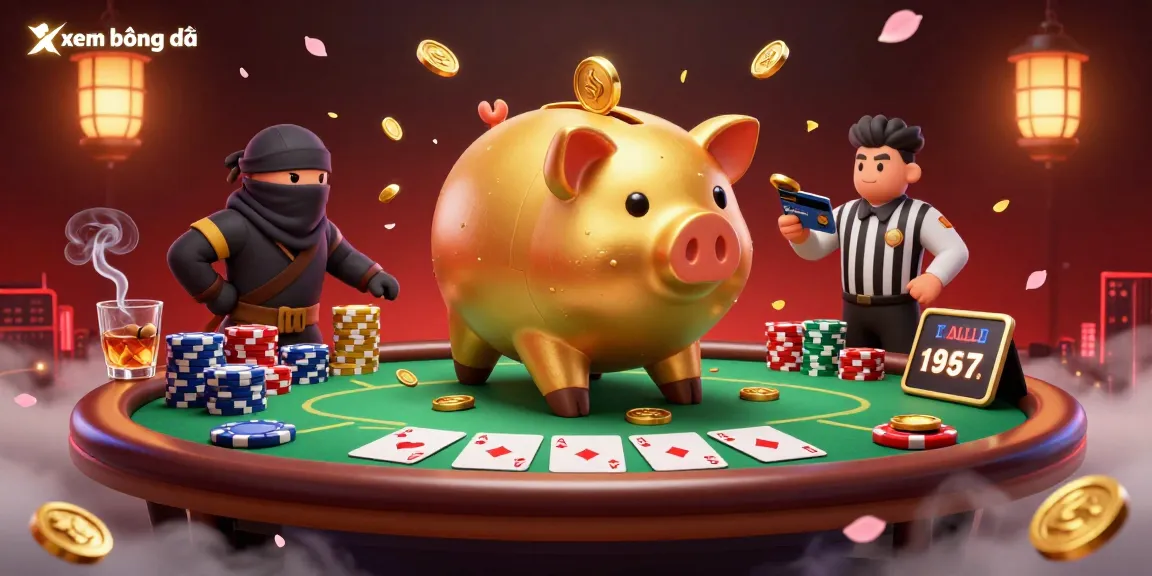 xem bóng đá live with exciting animated golden piggy bank wrestling sumo, poker game elements, and vibrant casino atmosphere.
