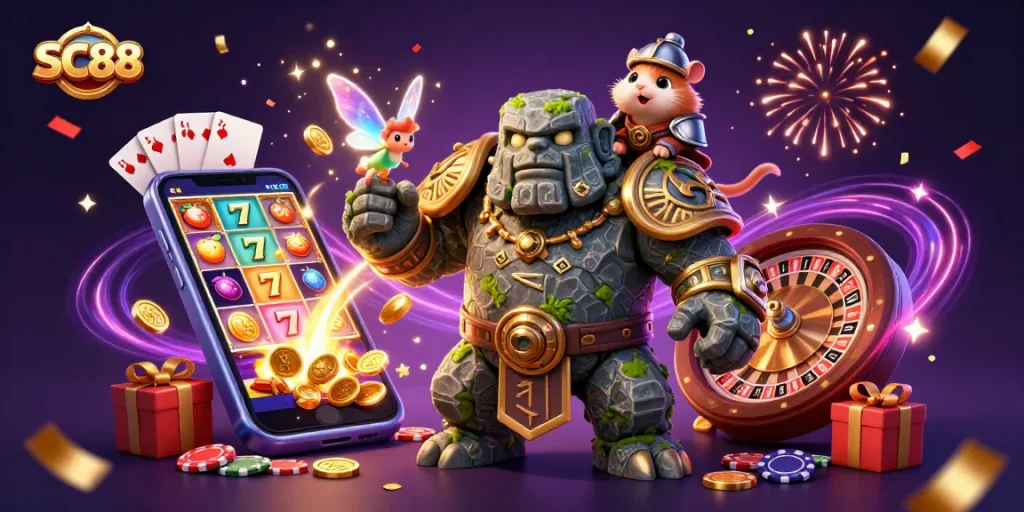SC88 brings excitement with golem guardian, fairy magic, and a hamster knight in this vibrant casino scene.