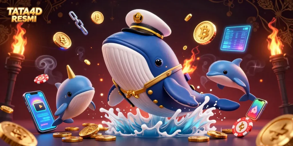 TATA4D RESMI whale captain breaching through coins with narwhal and dolphins, enhancing gaming excitement.