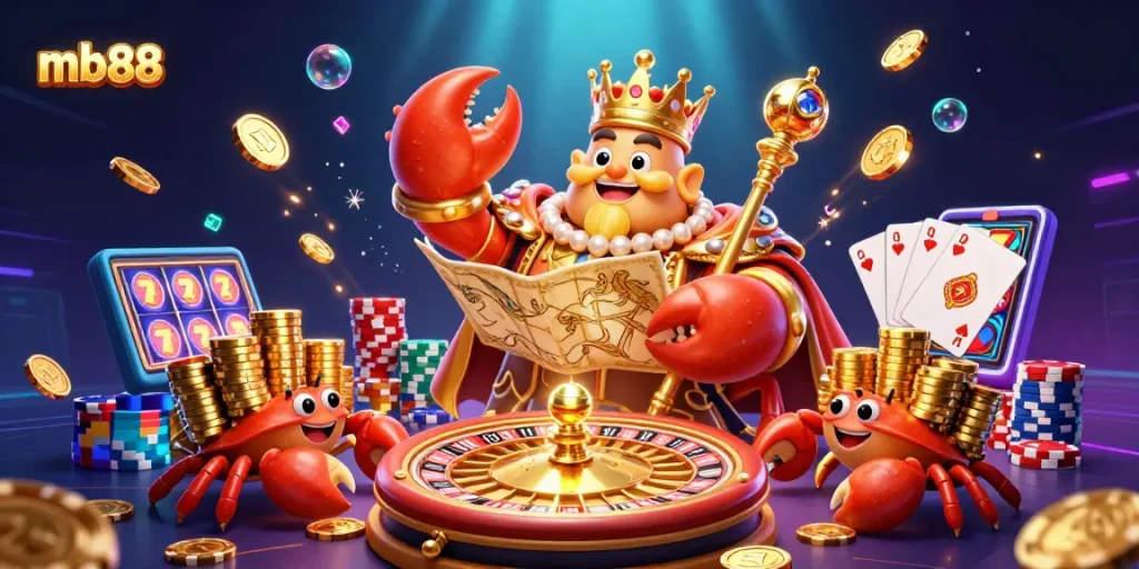 Chơi game tại mb88 với con cua vàng khổng lồ và nhiều chip vàng lấp lánh.