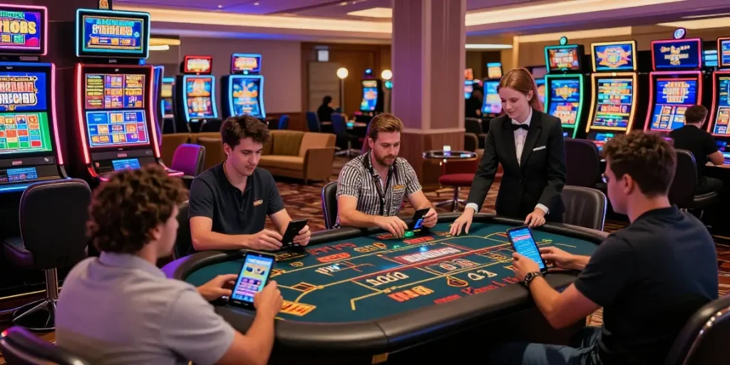 Online casino Malaysia players enjoying diverse betting options in a vibrant casino setting with live games and slot machines.