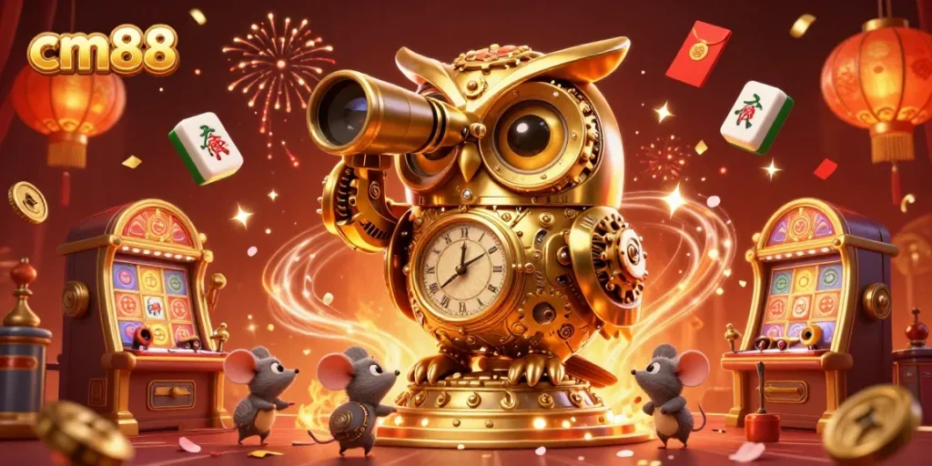 Enhance your gaming experience at cm88 with vibrant visuals of a detailed casino scene featuring a golden owl and lively elements.