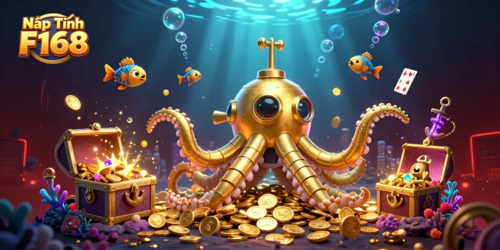 Nạp Tiền F168 and gold coins meet a golden kraken submarine in a vibrant casino ocean scene