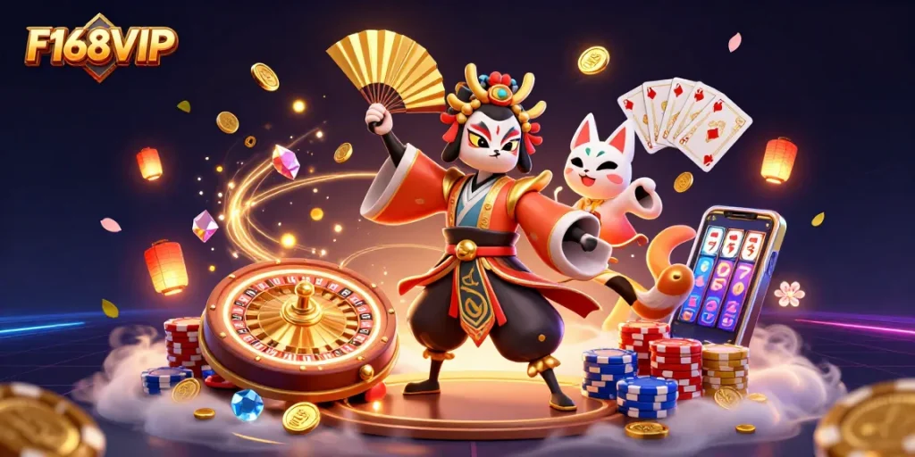 Win with F168VIP as kabuki warrior and kitsune mask unleash casino excitement