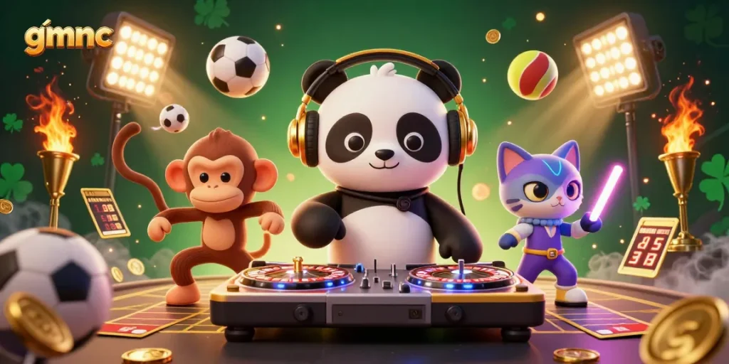 Engaging GMNC scene showcasing the DJ panda spinning casino-themed tunes amidst vibrant party elements.
